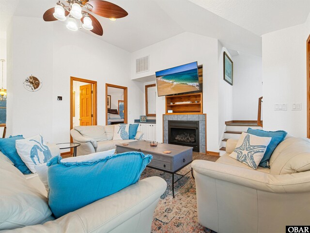 2203 Pike Rd Lot 37, Corolla, NC 27927 - living room featuring ceiling fan, a fireplace, and vaulted ceiling