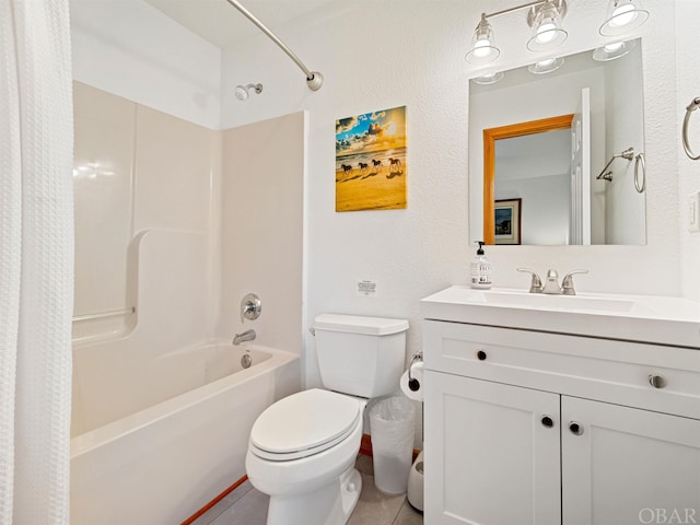 bathroom featuring shower / tub combo, tile patterned flooring, vanity, and toilet