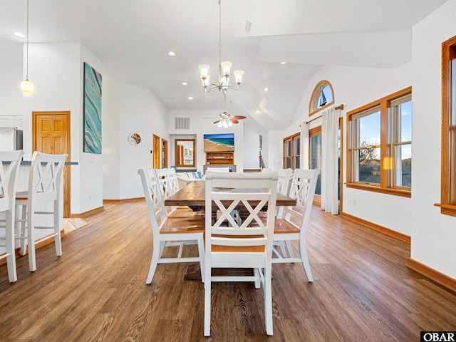 2203 Pike Rd Lot 37, Corolla, NC 27927 - dining area featuring vaulted ceiling, a chandelier, wood finished floors, baseboards, and ceiling fan