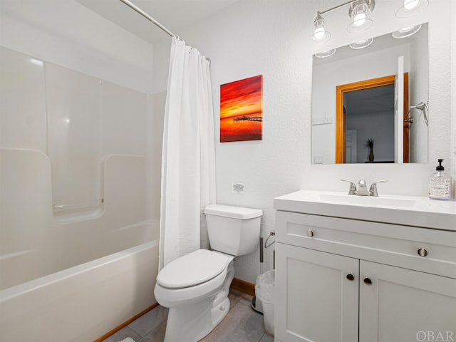 bathroom featuring baseboards, toilet, shower / tub combo with curtain, tile patterned floors, and vanity