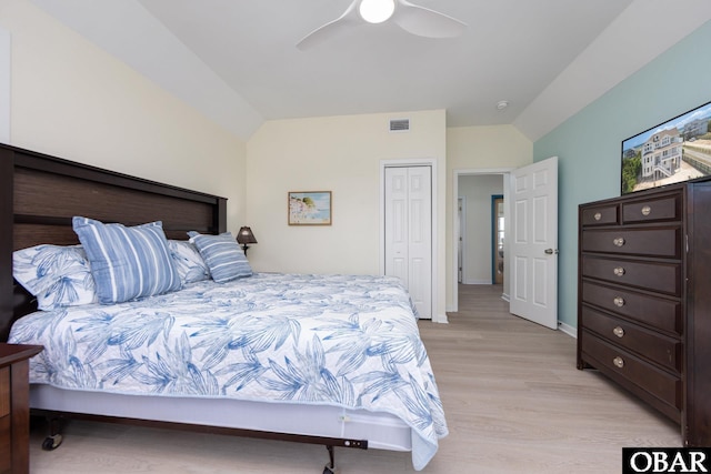 25245 Island Pines Dr Lot 6, Waves, NC 27982 - bedroom with vaulted ceiling, light wood finished floors, a ceiling fan, and visible vents