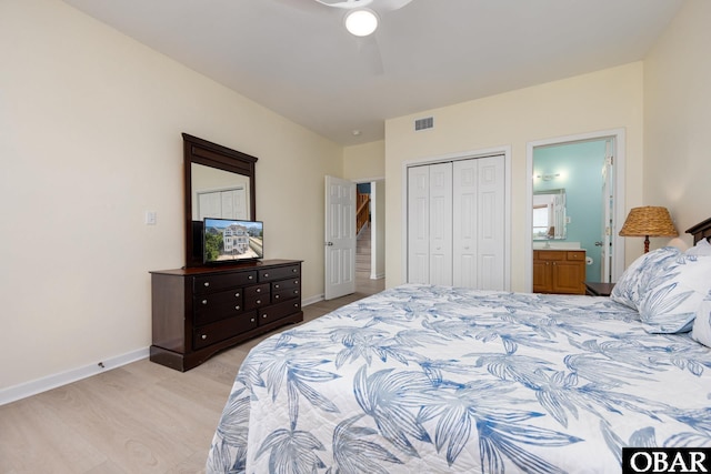 25245 Island Pines Dr Lot 6, Waves, NC 27982 - bedroom with a closet, visible vents, a ceiling fan, connected bathroom, and baseboards