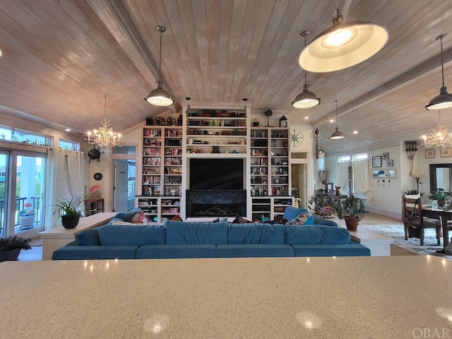 unfurnished living room featuring wooden ceiling, a chandelier, vaulted ceiling, and built in features