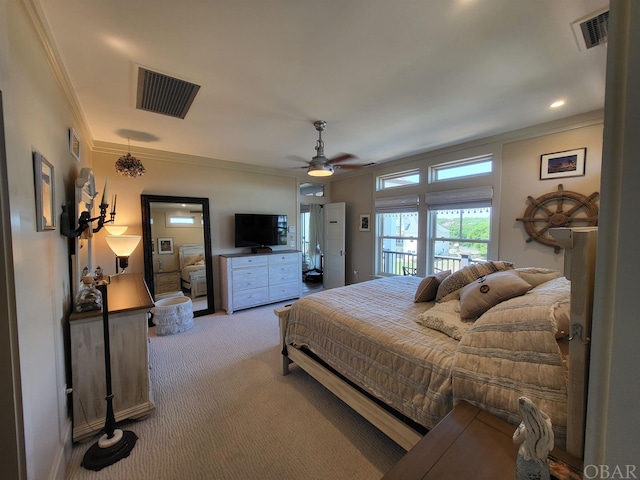 bedroom with light colored carpet, visible vents, and crown molding