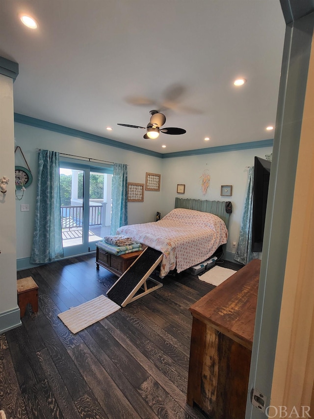 bedroom featuring baseboards, ceiling fan, dark wood-type flooring, access to outside, and recessed lighting