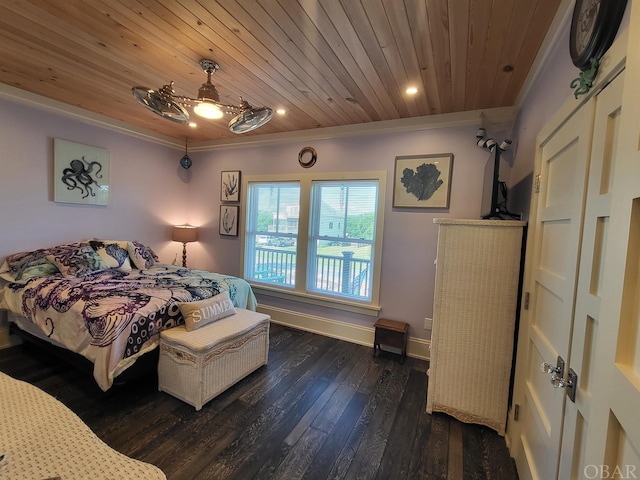 bedroom with recessed lighting, dark wood-type flooring, wood ceiling, baseboards, and ornamental molding