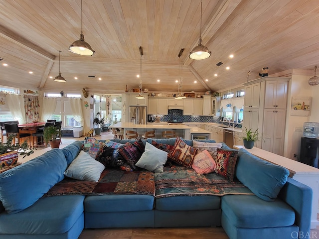 living area featuring wooden ceiling, visible vents, vaulted ceiling, and recessed lighting