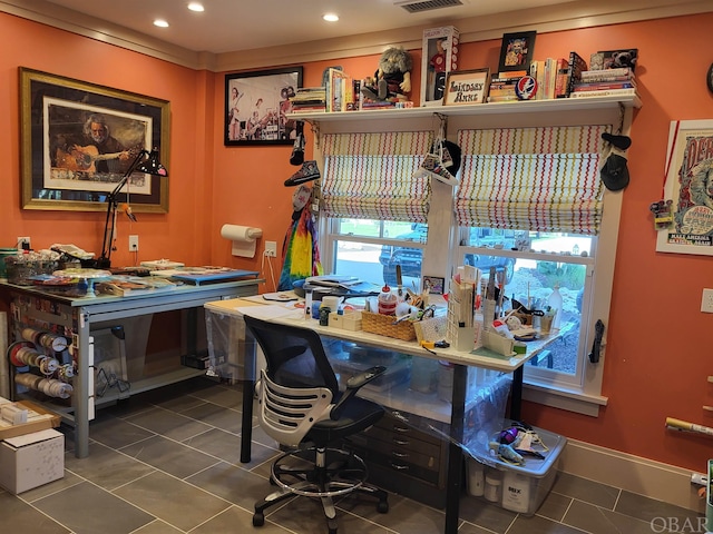 interior space with recessed lighting, visible vents, dark tile patterned floors, and baseboards