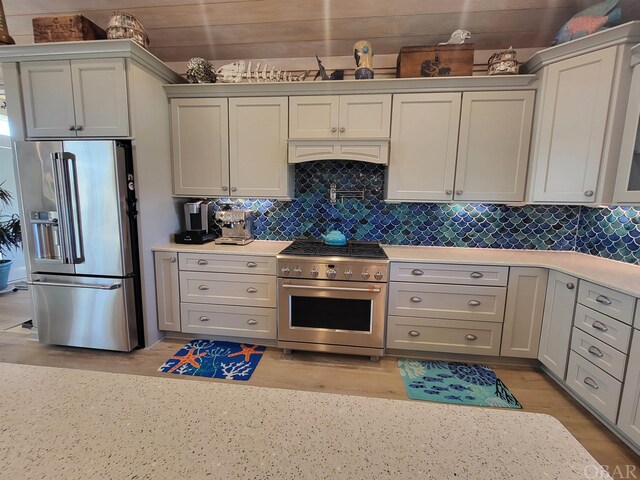 kitchen featuring light wood finished floors, premium appliances, and backsplash