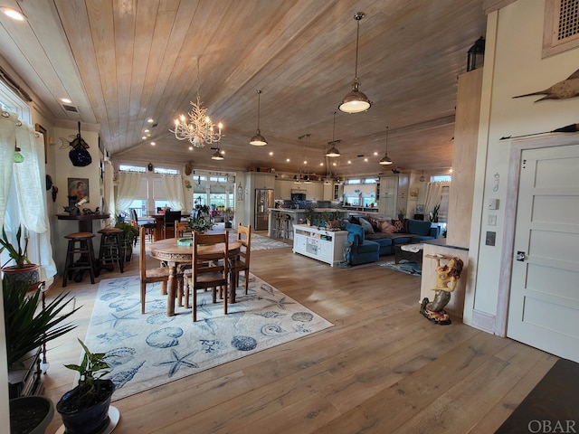 dining room featuring lofted ceiling, wooden ceiling, light wood-style flooring, a notable chandelier, and visible vents