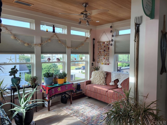 sunroom with a ceiling fan, wooden ceiling, and visible vents