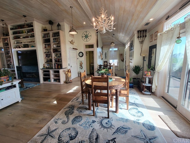 dining space featuring visible vents, lofted ceiling, wood ceiling, light wood-style flooring, and a chandelier