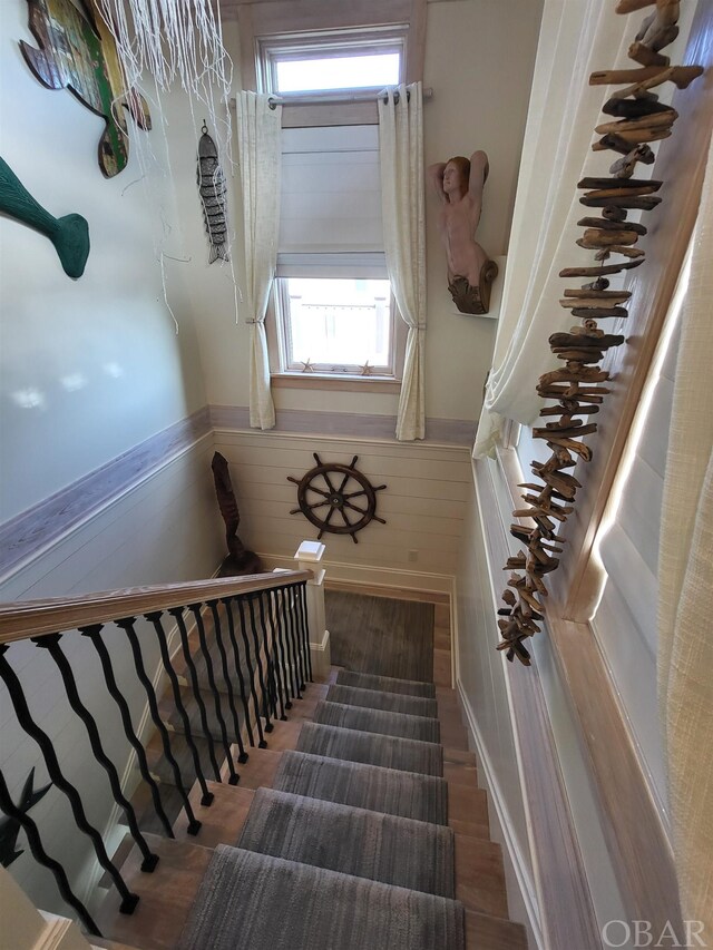 stairway featuring wood walls, wainscoting, and wood finished floors