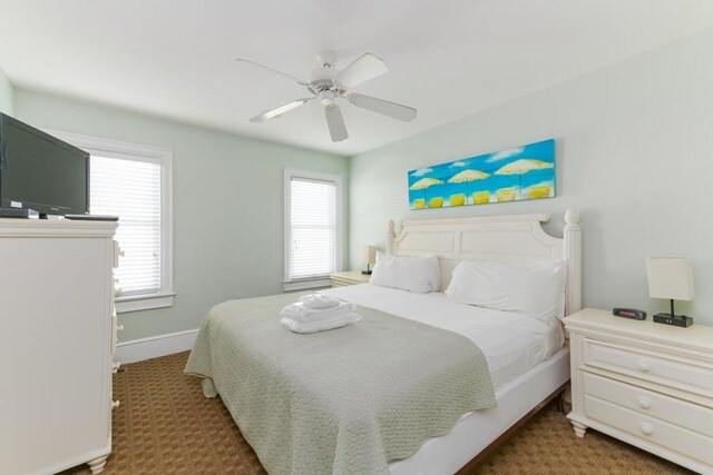 bedroom with a ceiling fan, multiple windows, carpet floors, and baseboards