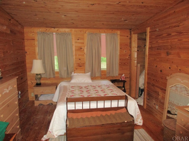 bedroom with wood ceiling, wood walls, and wood finished floors