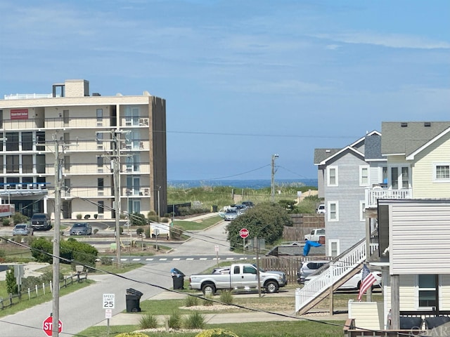 exterior space featuring stairs and traffic signs