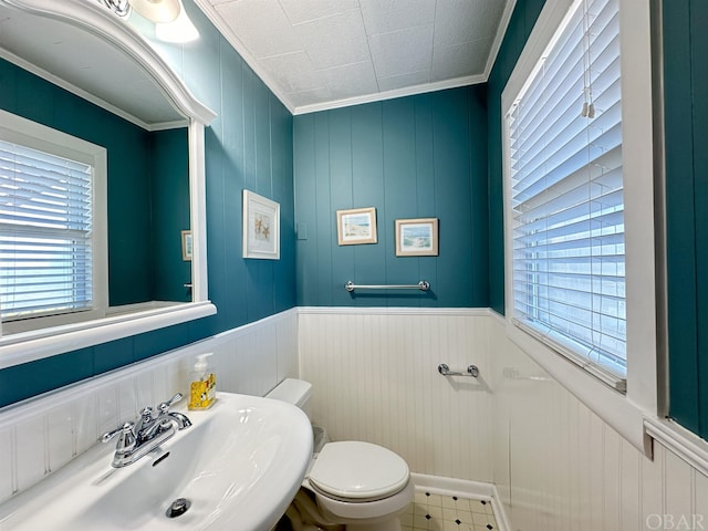 half bath with ornamental molding, wainscoting, a sink, and toilet