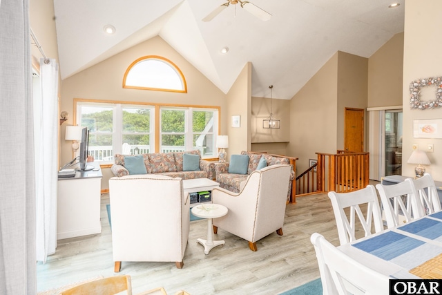 1133 Payson St Lot 120, Corolla, NC 27927 - living area with light wood-style flooring, high vaulted ceiling, and ceiling fan