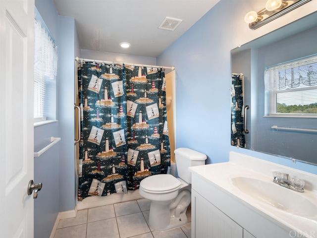 full bath featuring curtained shower, tile patterned flooring, toilet, vanity, and visible vents