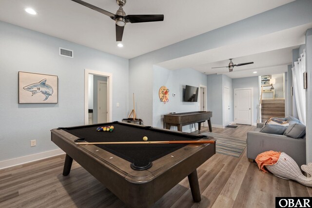 game room with visible vents, pool table, baseboards, wood finished floors, and a ceiling fan