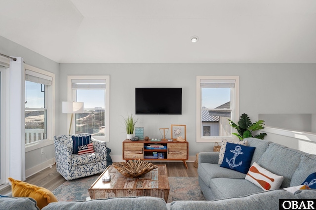 living area with lofted ceiling, wood finished floors, baseboards, and a wealth of natural light