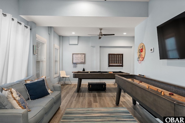 playroom with recessed lighting, a ceiling fan, wood finished floors, and pool table