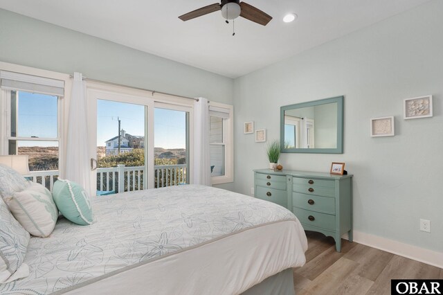 bedroom featuring access to exterior, ceiling fan, baseboards, recessed lighting, and wood finished floors