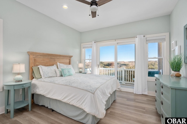 bedroom featuring access to exterior, baseboards, recessed lighting, light wood-style flooring, and a ceiling fan