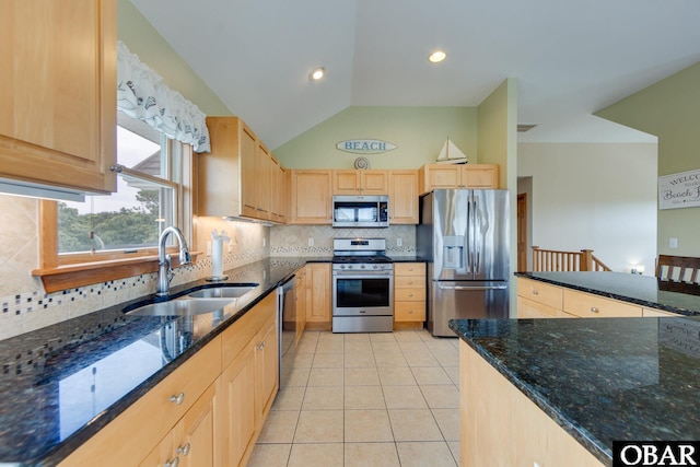 117 Four Seasons Ln Lot 12, Duck, NC 27949 - kitchen with appliances with stainless steel finishes, light brown cabinets, tasteful backsplash, light tile patterned floors, and lofted ceiling