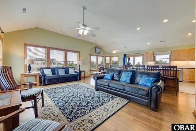 117 Four Seasons Ln Lot 12, Duck, NC 27949 - living room with lofted ceiling, ceiling fan, light wood-type flooring, and recessed lighting