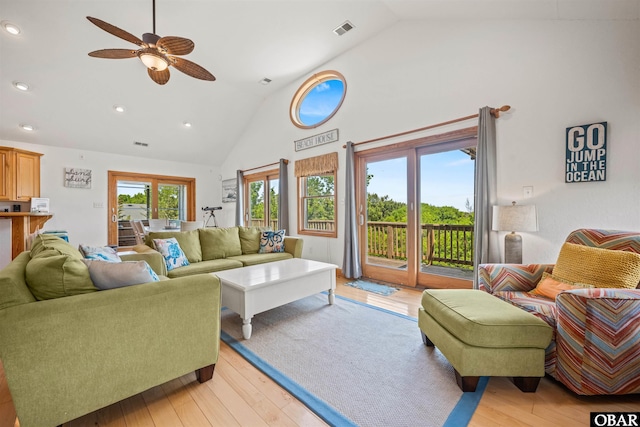 2319 Carova Rd Lot # 22, Corolla, NC 27927 - living area featuring ceiling fan, high vaulted ceiling, light wood-style flooring, and recessed lighting