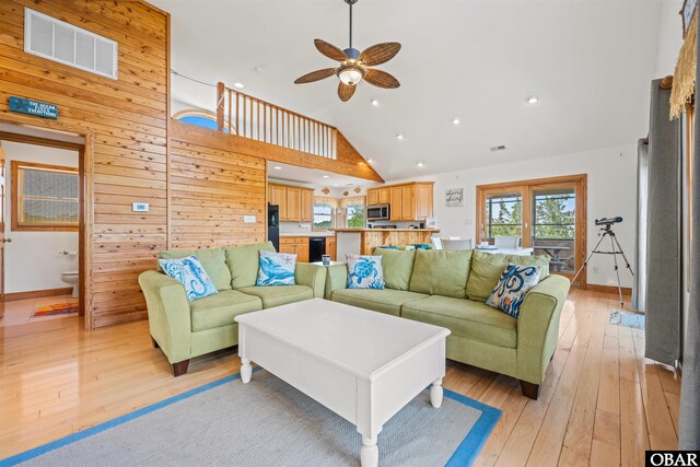 2319 Carova Rd Lot # 22, Corolla, NC 27927 - living room with high vaulted ceiling, a ceiling fan, light wood finished floors, recessed lighting, and baseboards