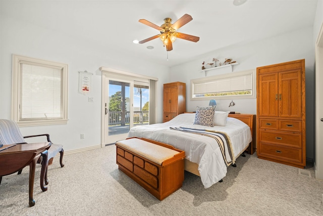 bedroom featuring access to outside, baseboards, ceiling fan, and light colored carpet