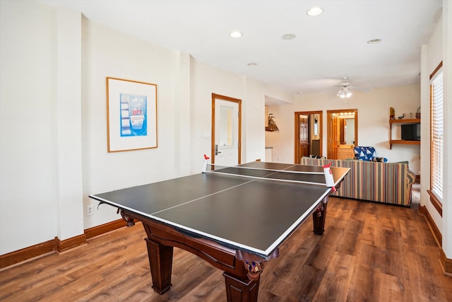 game room with ceiling fan, baseboards, dark wood-style flooring, and recessed lighting