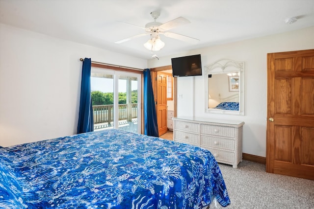 bedroom featuring light carpet, access to outside, a ceiling fan, and baseboards