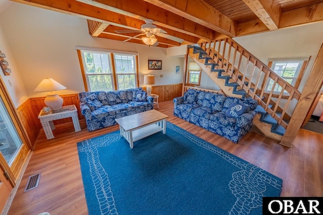 26509 Colony Dr Lot 6, Salvo, NC 27972 - living room featuring a wainscoted wall, wood finished floors, stairs, wooden walls, and ceiling fan
