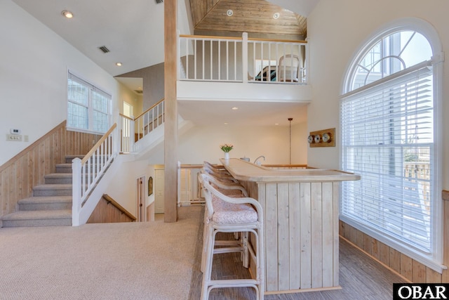 bar featuring a wainscoted wall, wood walls, high vaulted ceiling, and a healthy amount of sunlight