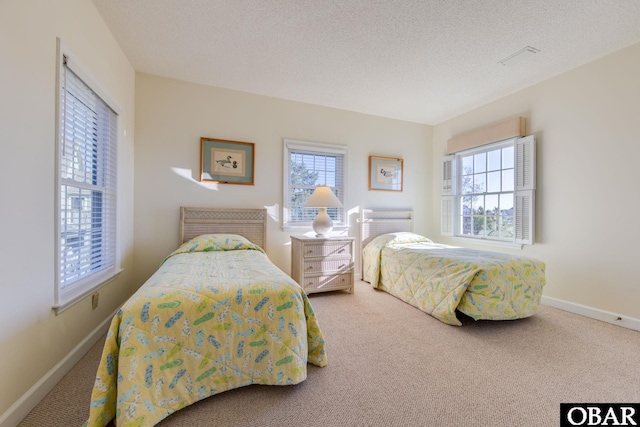 bedroom with multiple windows, a textured ceiling, baseboards, and carpet floors