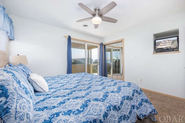 bedroom with visible vents, a ceiling fan, baseboards, a closet, and carpet