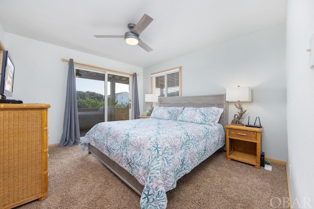 carpeted bedroom with access to exterior, ceiling fan, and baseboards