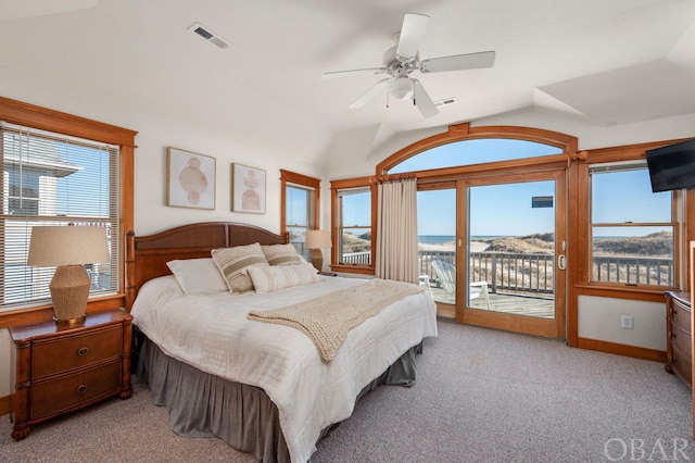 bedroom featuring lofted ceiling, access to exterior, and multiple windows