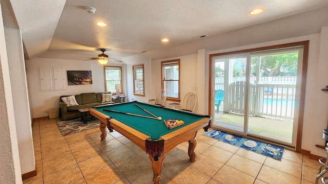 rec room featuring a wealth of natural light, visible vents, billiards, and light tile patterned flooring