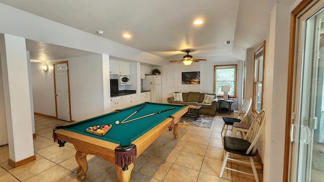 playroom featuring light tile patterned floors, billiards, a ceiling fan, and baseboards