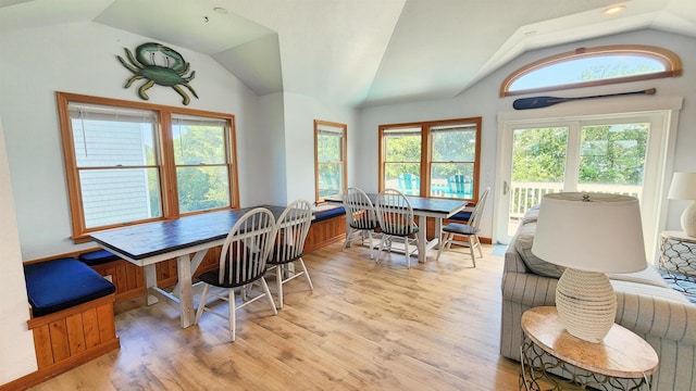 dining room featuring lofted ceiling, a healthy amount of sunlight, and light wood-style flooring