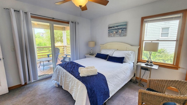 bedroom featuring a ceiling fan, access to outside, dark carpet, and baseboards