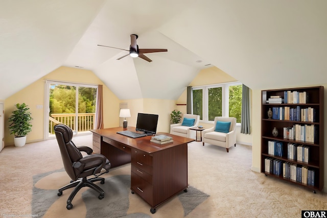 1115 Waterlily Rd, Coinjock, NC 27923 - office with light colored carpet, lofted ceiling, healthy amount of natural light, and ceiling fan
