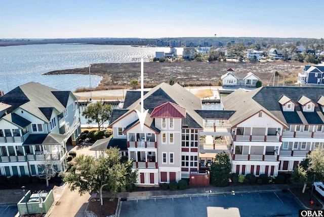 aerial view featuring a water view