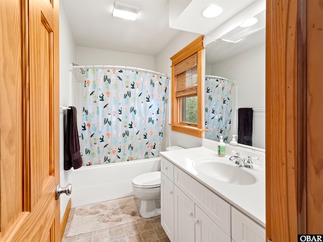 bathroom featuring shower / tub combo, toilet, tile patterned flooring, and vanity