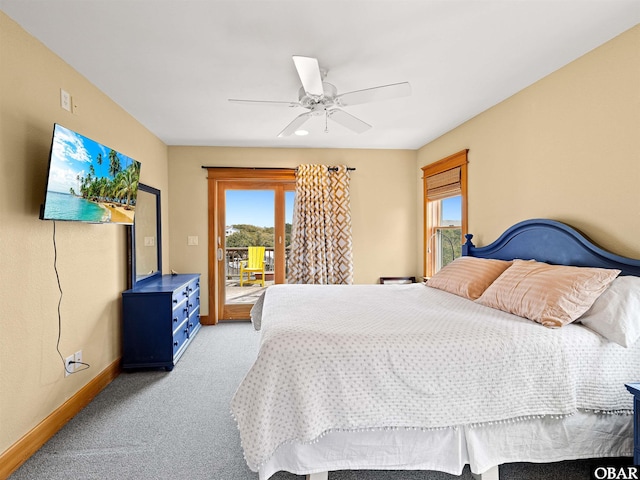 bedroom featuring carpet floors, baseboards, access to outside, and ceiling fan