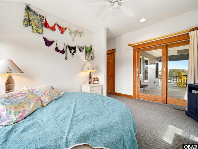 bedroom with recessed lighting, baseboards, access to outside, carpet floors, and ceiling fan